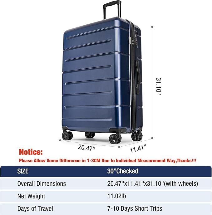 KYME Suitcases with Wheels Hardshell 30 Inch Luggage TSA Approved Large Checked Luggage Durable Travel Rolling Suitcase with Cup Holder for Women Men Navy