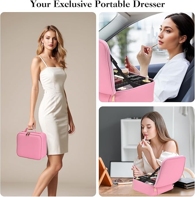 Travel Makeup Bag With LED Mirror,Makeup Travel Train Case with 3 Color Setting,Cosmetic Makeup Organizer Bag with Adjustable Dividers,Portable Make up Bag with Makeup Brush Holder Storage(Pink)