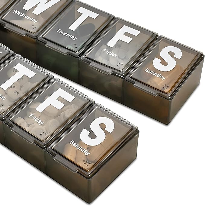 Weekly Pill Organizer - (Pack of 4) Extra Large Vitamin Container with Jumbo Easy to Read Letters, BPA Free - Daily Travel 7 Day Medication Pill Box Case, (Black)