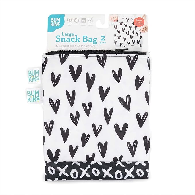 Bumkins Reusable Sandwich and Snack Bags, for Kids School Lunch and for Adults Portion, Washable Fabric, Waterproof Cloth Zip Bag, Travel Pouch, Food-Safe Storage, Large 2-pk Hearts and XOXO