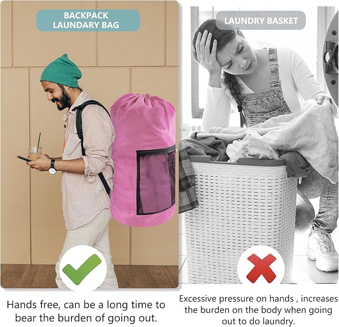 Laundry Bag Backpack, Extra Large Travel Laundry Bag with Mesh Pocket & Adjustable Shoulder Straps,Dirty Clothes Travel Bag for College Students Dorm,Apartment(Pink)