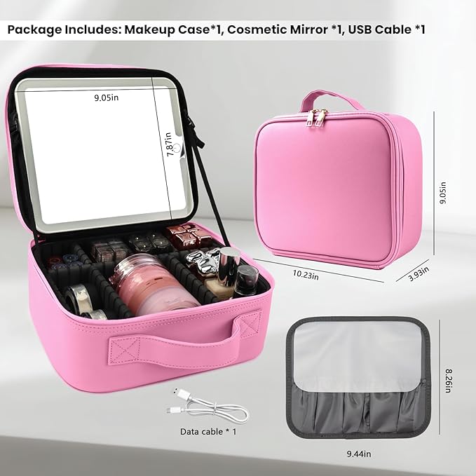 Travel Makeup Bag with LED Mirror and Light Travel Makeup Case Cosmetic Organizer Portable Cosmetic Brush Organizer Bag with Adjustable Dividers for Cosmetics Makeup Brushes Toiletry (Dark Pink)