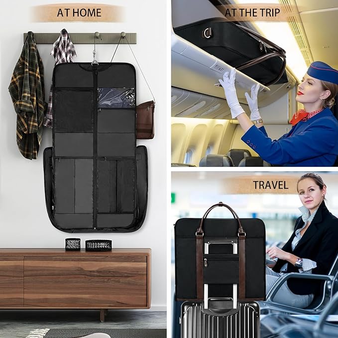Garment Bag Travel Large Leather Carry On Suit Bag with Strap for Business Hanging Suitcase Luggage Bags for Men Women (Black)