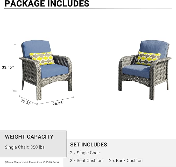 HOOOWOOO Patio Furniture Set,2 Pieces Outdoor Wicker Chairs Set,All Weather Bistro Chairs with Comfy High Back,Denim Blue