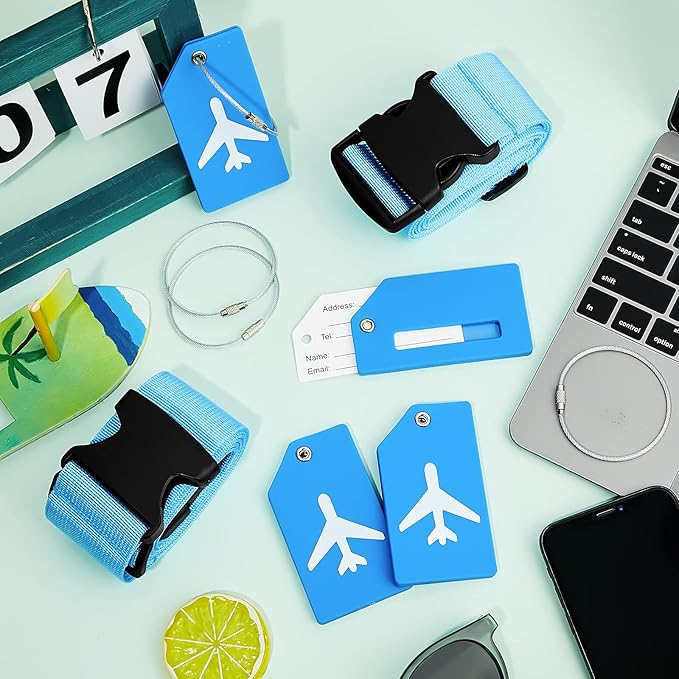 Weewooday 8 Pcs Luggage Straps Suitcase Tags Set for TSA Approved, 4 Travel Adjustable Suitcase Belt, 4 Silicone Luggage Tags with Name ID Card Travel Accessories(Blue,Airplane)