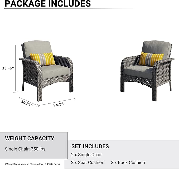 HOOOWOOO Patio Furniture Set,2 Pieces Outdoor Wicker Chairs Set,All Weather Bistro Chairs with Comfy High Back,Dark Gray