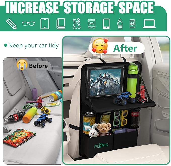 Car Backseat Organizer with Tablet Holder,11 Storage Pockets with Foldable Food Tray, Protector Kick Mats for Kids, Travel Accessories Organizer (Black, 1Pack)