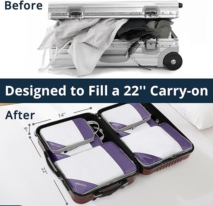 Compression Packing Cubes 3 Set, Compressible Space-Saving Packing Cubes for Travel - Compression Bags, Luggage Organizer, Travel Essentials for Women, Purple