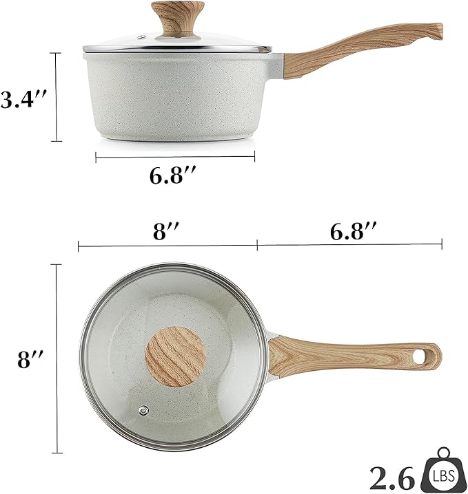 SENSARTE White Ceramic Nonstick Saucepan with Lid Set, Small Cooking Pot with Stay Cool Handle, Induction Compatible Saucepot, White Granite Coating, PFOA/PFAS Free, 1.5 + 2.5QT