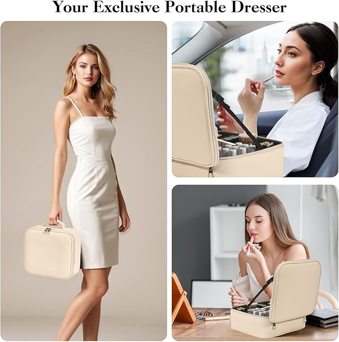 Travel Makeup Bag With LED Mirror,Makeup Travel Train Case with 3 Color Setting,Cosmetic Makeup Organizer Bag with Adjustable Dividers,Portable Make up Bag with Makeup Brush Holder Storage(Beige)