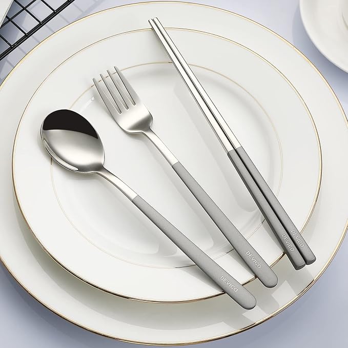 DEVICO Portable Travel Utensils with Case, Reusable Camping Silverware for Lunch, 18/8 Stainless Steel Cutlery Set (Gray)