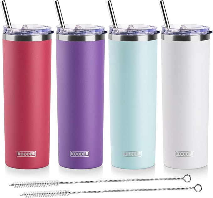 koodee 20 oz Tumbler with Lid and Straw-Stainless Steel Double Wall Insulated Tumbler Cup for Women, 4 Pack Skinny Tumblers (Wine red-Purple-Tiffany blue-White)