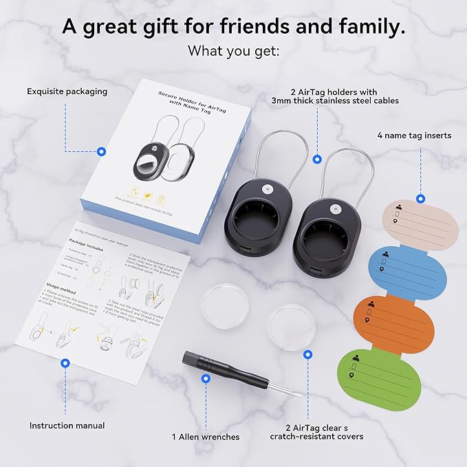 DDJ 2-Pack Luggage Tag Case for Apple Air Tracker Tag & Moto Tag with Wire Cable Lock, Waterproof,Anti-Lost Air Tags Holder with Name ID Cards for Travel, Luggage, Keys, Backpacks, Dog, Pets, Bags