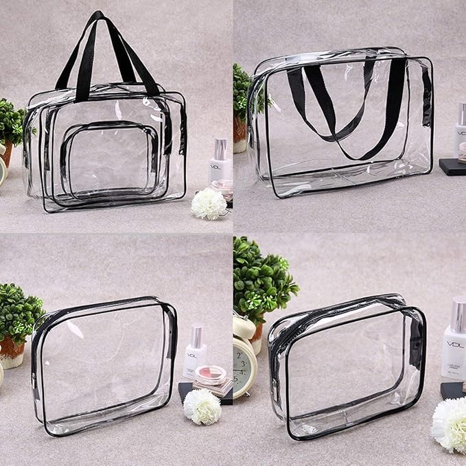 6Pcs Crystal Clear PVC Travel Toiletry Bag Kit for Women Men, Waterproof Vinyl Packing Organizer Storage Bags with Zipper Handle Straps, Cosmetic Pouch Carry on Airport Airline Compliant Bag Handbag