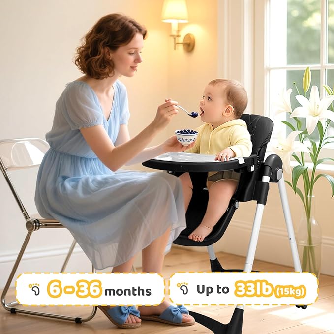 JOYMOR Foldable Baby High Chair, 4 in 1 Convertible Highchair for Eating, Height Adjustble and Multiple Recline, Compact Foldable Design for Easy Storage (Black)