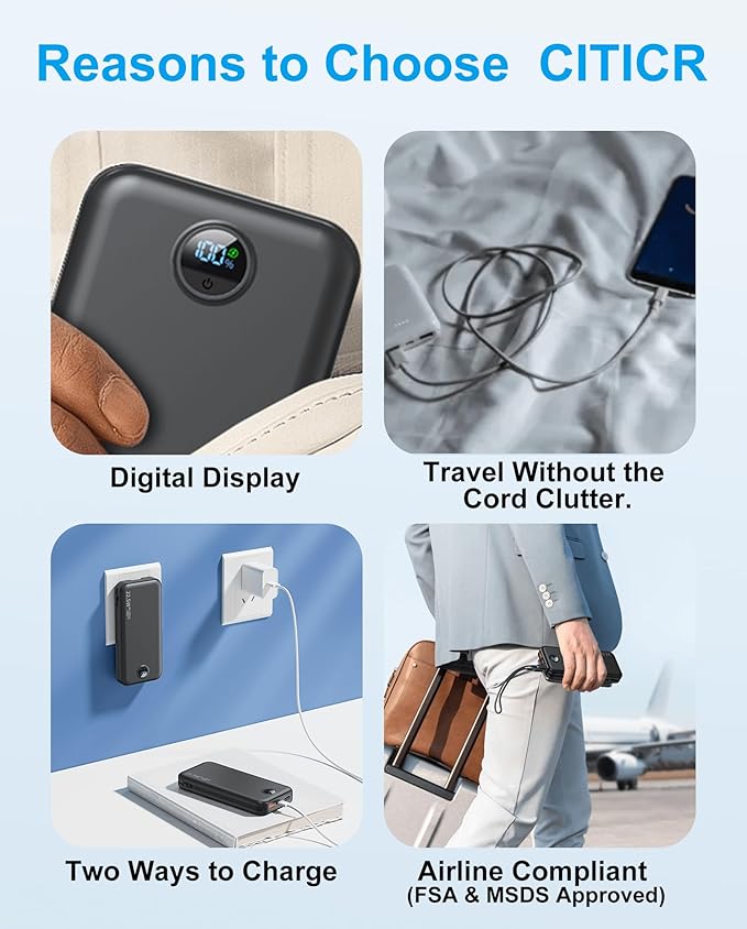 Portable Charger, 12000mAh 22.5W Type C Fast Charging Power Bank with Built-in Cables & Wall Plug, External Battery Bank with LED Display, Travel Essential Battery Pack for iPhone, iPad, Samsung Black