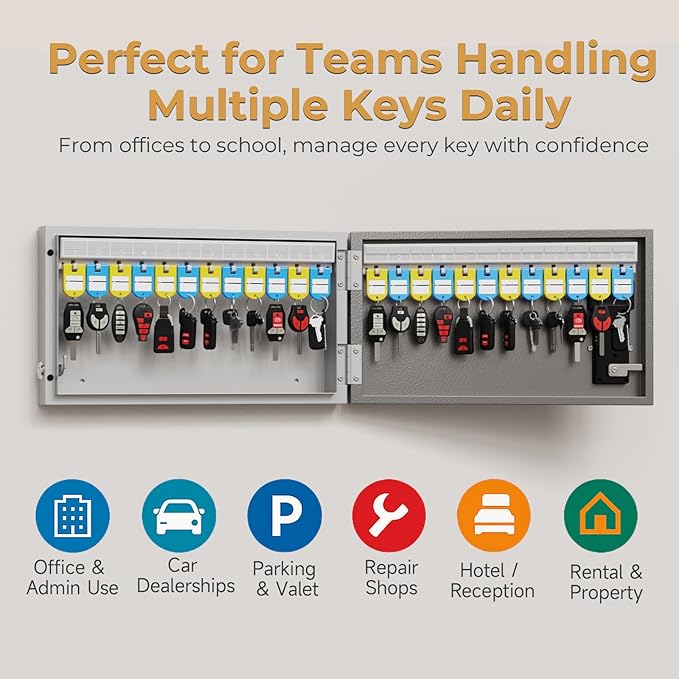 24 Key Lock Box Wall Mount, Smart Key Cabinet, use One Time Password,Fixed Code, Bluetooth, Wi-Fi Remote, Key Unlock, Security Lockbox Organizer for Valets, Hotel, Car, Office Key Management & Storage