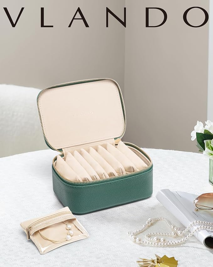 Vlando Jewelry Box with 8 Velvet Jewelry Bags Travel Jewelry Storage Box Petal Hardware Jewelry Organizer for Necklace Rings Earrings Women Gifts for Christmas Birthday-Green