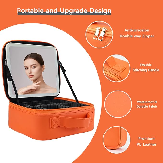 Makeup Bag with Led Mirror,Travel Makeup Organizer with 3 Color Setting & 10X Magnifying Mirror, Portable Storage and Adjustable Dividers Travel Makeup Bag-orange