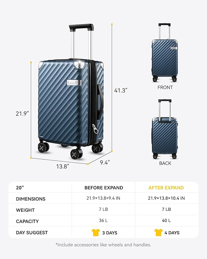 LUGGEX Luggage with Spinner Wheels, Polycarbonate Expandable Hard Shell Suitcase, Carry On 20 Inch, Black
