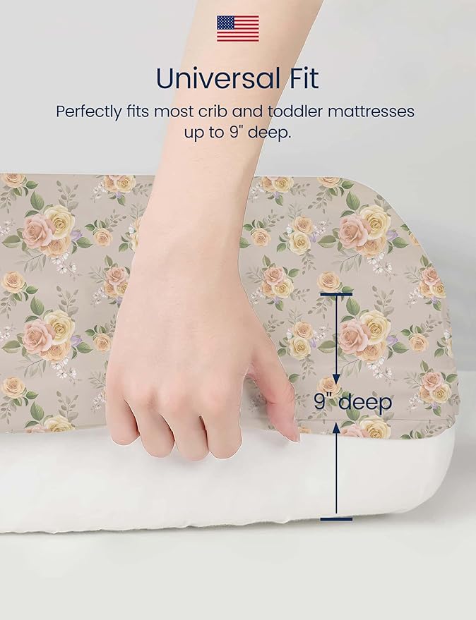 TotAha Crib Sheets for Boy Girl, Premium Soft Fitted Crib Mattress Sheet, Super Stretchy Jersey Knit Baby Bed Sheets, 28x52x9 Extra Deep Pocket, 2 Pack (Vintage Rose & Brunch)