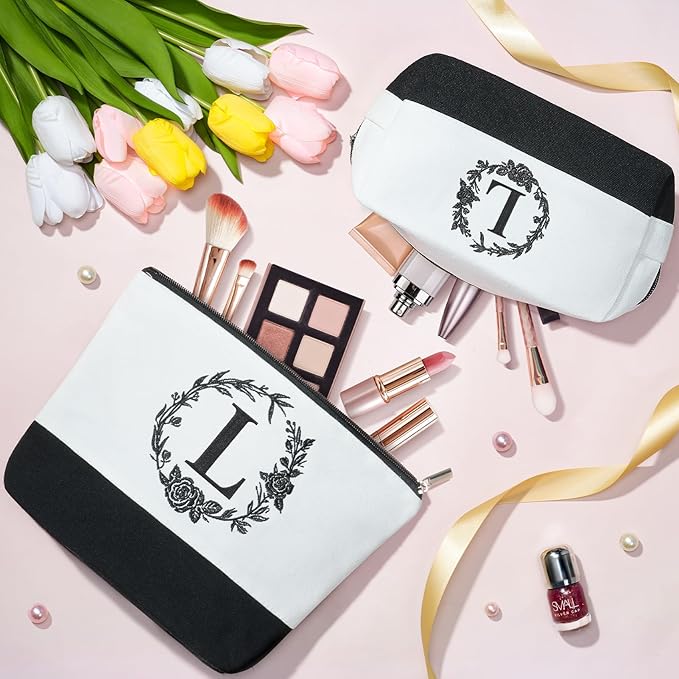 Personalized Christmas Gifts for Women, Initial Canvas Tote Bag & Makeup Bag Monogrammed Beach Tote Bags for Women w/Zipper, Birthday Gifts for Mom Her Sister Friend Girlfriend Wife Daughter Teacher