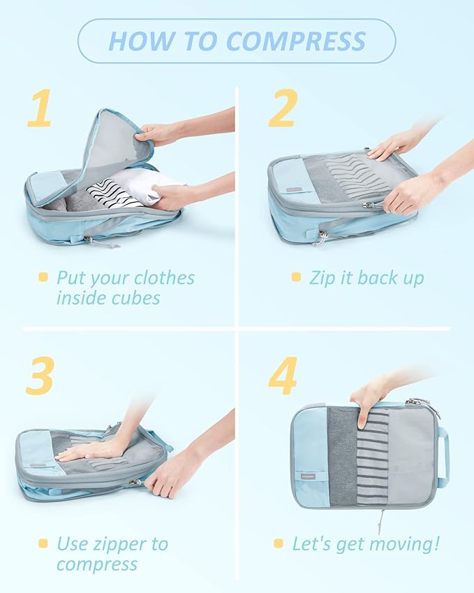 BAGSMART 6 Set Compression Packing Cubes - Lightweight Travel Essentials, Durable Luggage Organizer