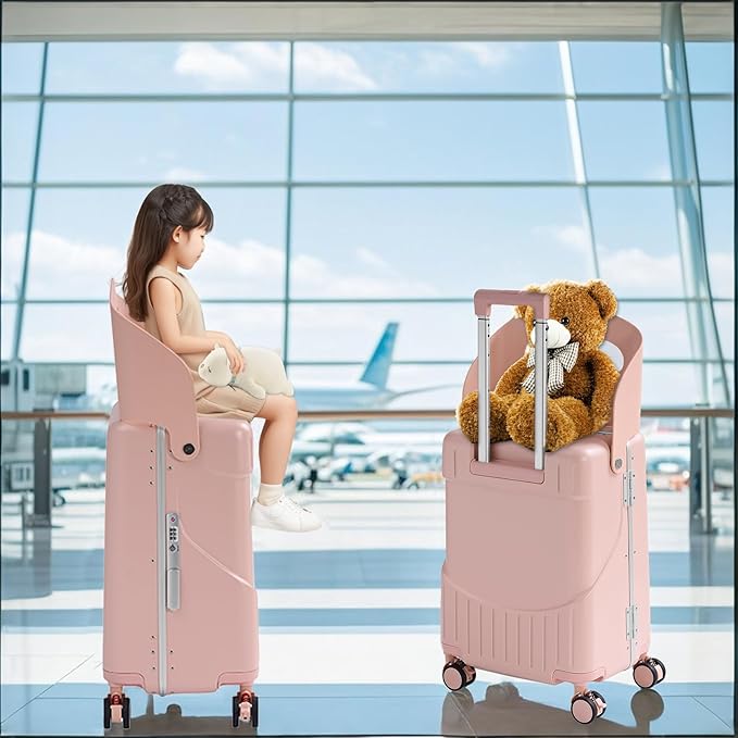 TABU 20" Ride-on Luggage with Seat For Kids & Adults,Carry On Hardshell Ride On Suitcase with 360° Lockable Spinner and TSA Lock, Pink