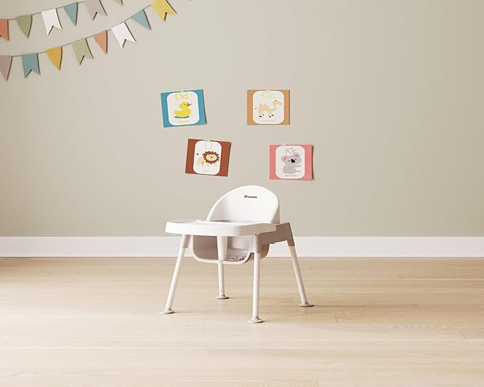Foundations Secure Sitter 9" Feeding Chair, Stable “No Tip” Feet, 3-Point Adjustable Harness, Removable Tray, Easy to Clean, Smooth Plastic (White/Tan)