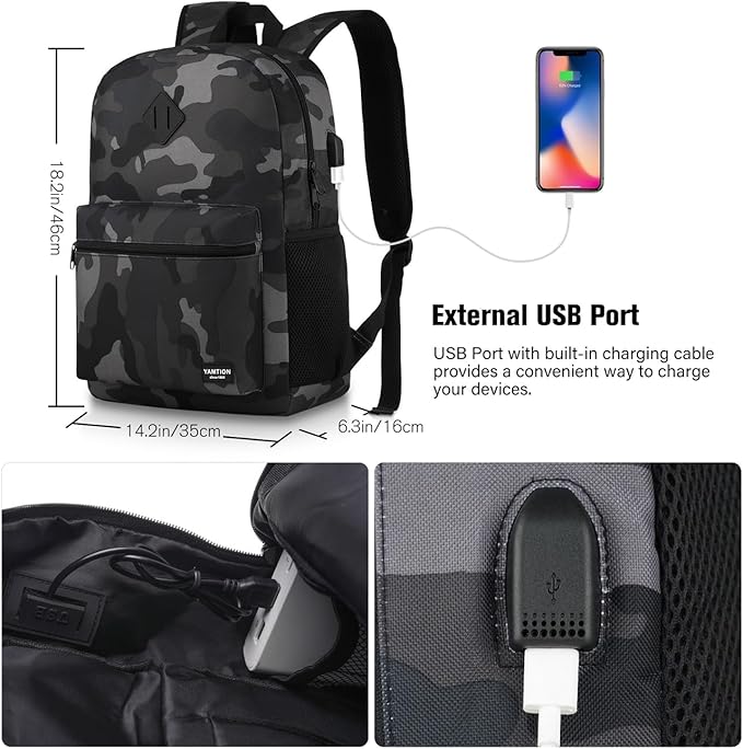 17 Inch School Backpack,Classic Bookbag Men and Teen Boy Schoolbag with USB Charging Port for High School College Office Work Travel