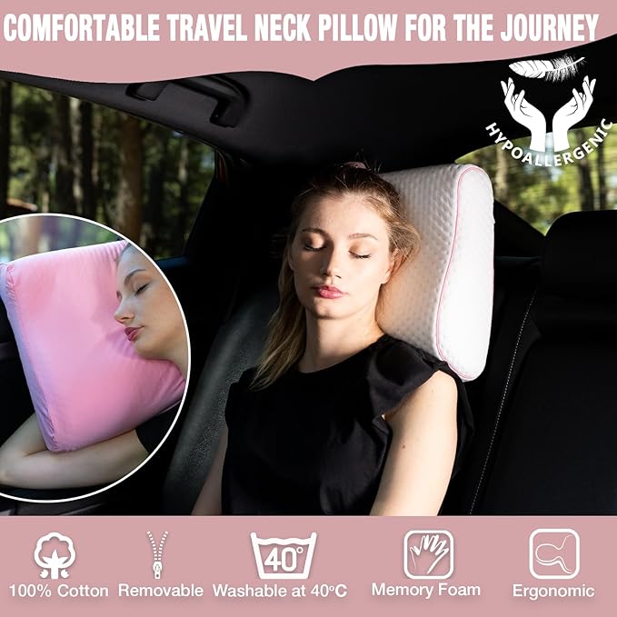 Travel & Camping Comfortable Memory Foam Pillow – Easy to Carry Portable Bag – Temperature Regulating Pillow Case (Pink Contour + Extra Cover)
