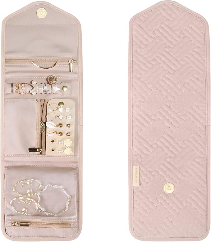 BAGSMART Travel Jewelry Organizer Case Foldable Jewelry Roll for Journey Rings, Necklaces, Earrings, Bracelets,Mini,Soft Pink