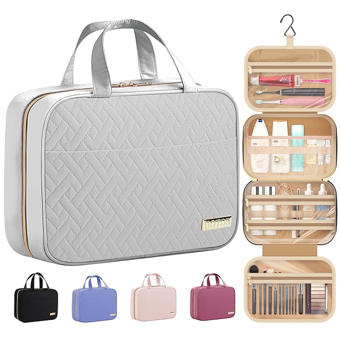 HOTOR Travel Toiletry Bag w/Hanging Hook - Spacious Toiletry Bag Essentials for Women & Men, Makeup Bag/Big Comparment, Waterproof for Travel Accessories, Medium, Grey