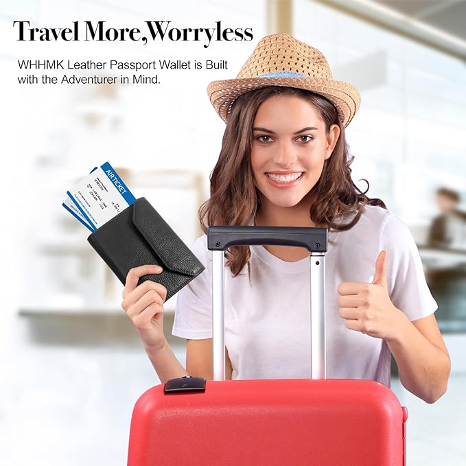 Leather Passport Holder for Travel,Passport Book Holder,Rfid Blocking Travel Wallet Protect Your Card Security, Travel Document Organizer for Men Women,Airport Essentials Gift (Black)