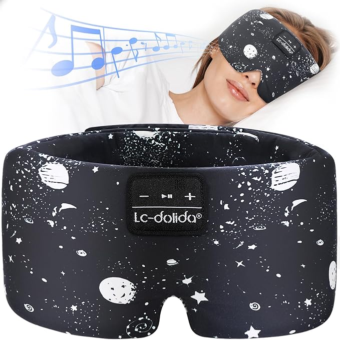LC-dolida Sleep Mask with Bluetooth Headphones, Extra Large Silk Eye Mask for Sleeping Side Day Sleepers, Sleep Headphones Bluetooth 5.4 for Women Men with Thin Speaker, Blackout, Comfort, Microphone