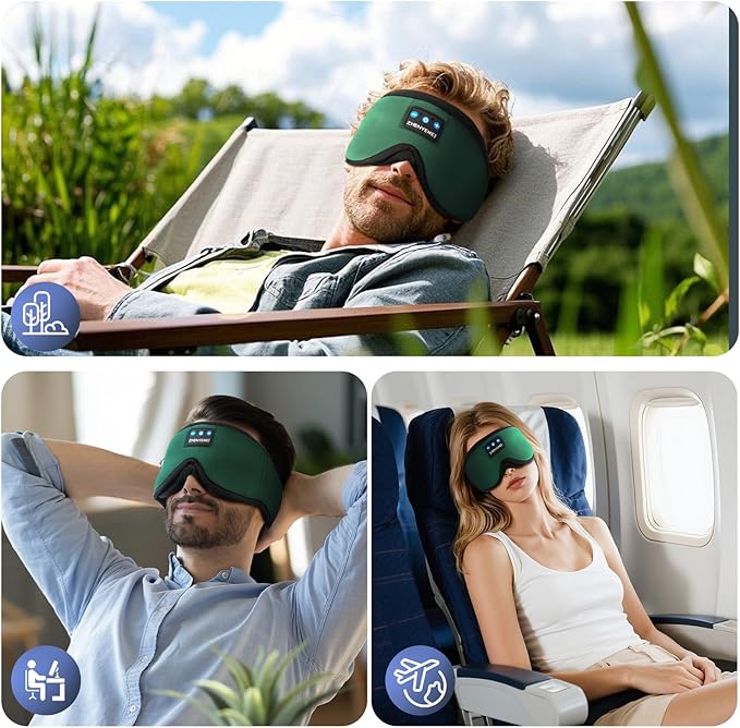 3D Sleep Mask with Bluetooth Headphones, Sleeping Headphones for Side Sleepers, Wireless Music Eye Mask with Ultra-Thin Stereo Speakers for Men, Women, Tech Gifts, Deep Green
