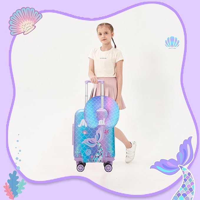 Cute Mermaid Kids Luggage Set 2 piece Kids Suitcase with Spinner Wheels 16" Childrens Luggage for Girls With Wheels Hard Shell Luggage Sets Airline Approved