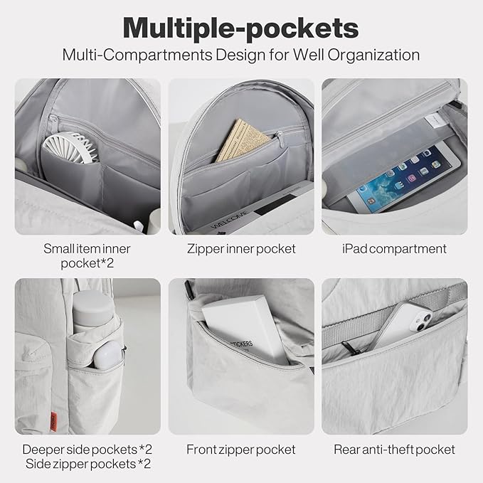 mixi Outdoor Lightweight Backpack Casual Carry On Laptop Backpack Travel Bookbag for Women Men, Water Resistant Durable Hiking Bag for Camping Weekender Sports College Work, 17 Inch, Light Gray
