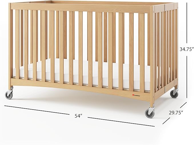 Foundations Full Size Travel Sleeper Folding Hotel Crib and Sheet Bundle - Includes Wooden Portable Crib with 3" Foam Mattress (Natural) and 6-Pack White Fitted Full Size Sheets