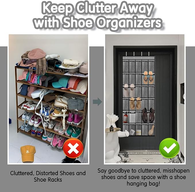 2PCS Over the Door Shoe Organizer with 30 Breathable Mesh Pockets - Large Capacity Closet Storage for Men & Women, Hanging Shoe Rack Organizer -Gray