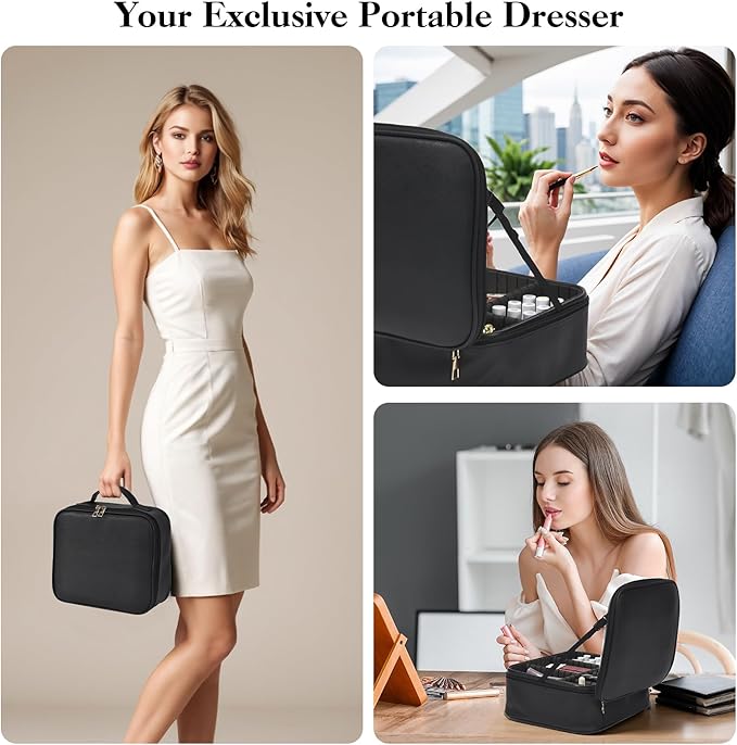 Travel Makeup Bag With LED Mirror,Cosmetic Train Case with 3 Color Setting,Cosmetic Makeup Organizer Bag with Adjustable Dividers,Portable Make up Box with Make up Brushes Holder Storage(Back)