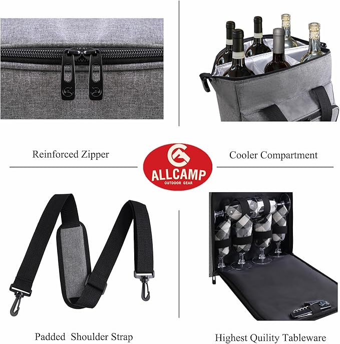 ALLCAMP 6 Bottle Wine Gift Bag - Insulated Tote Cooler, Adjustable Strap, Includes 6 Wine Glasses, Napkins & Corkscrew, Portable Travel Gifting(Gray)