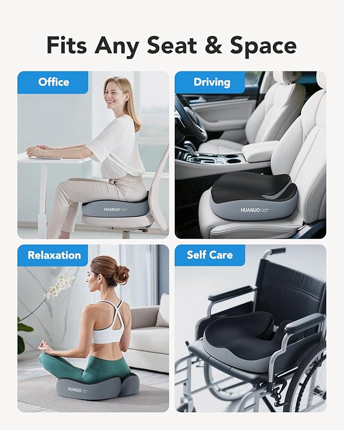 HUANUO Seat Cushion for Office Chair, Extra Large Memory Foam Cushion for Office Chair,Car & Wheelchair - Sciatica & Tailbone Pain Relief for Long Sitting, Ergonomic Design with Anti-Slip Bottom