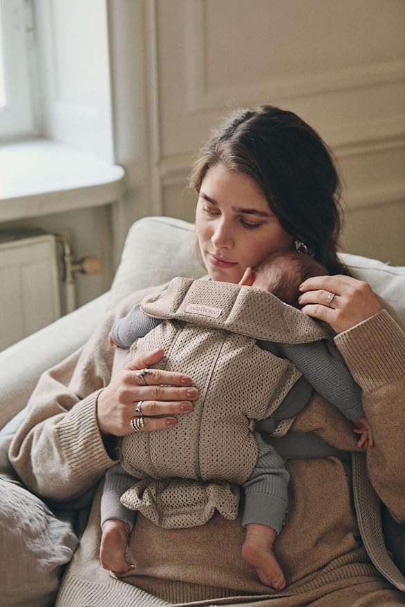 BabyBjörn Baby Carrier Mini, Gray Beige, 3D Mesh Newborn Carrier (7-25 lbs), Ergonomic, Easy-to-Use