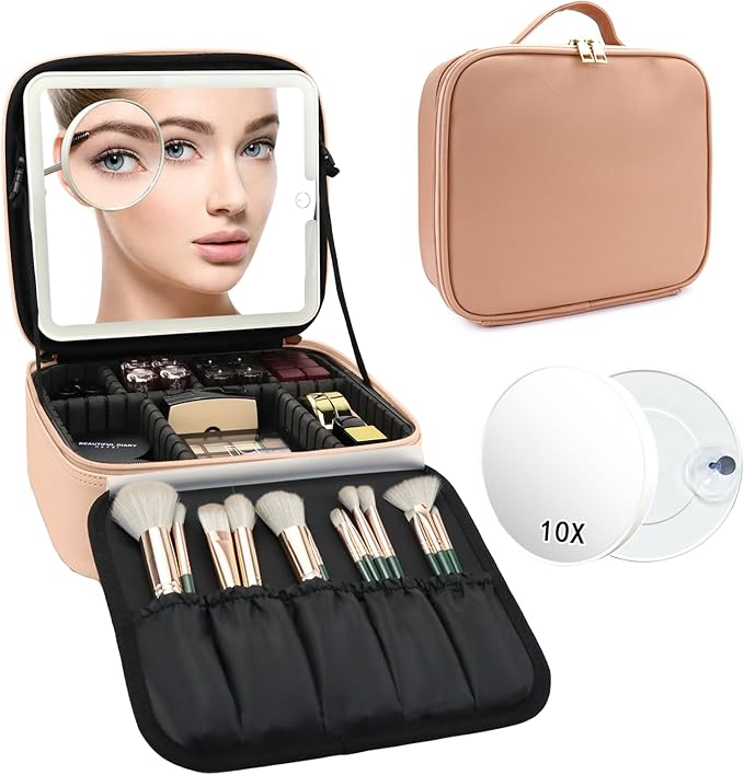 Travel Makeup Bag with LED Mirror and 10x magnifying glass with 3 Lighted Settings, Adjustable Dividers and Makeup Brush Storage Bag Khaki