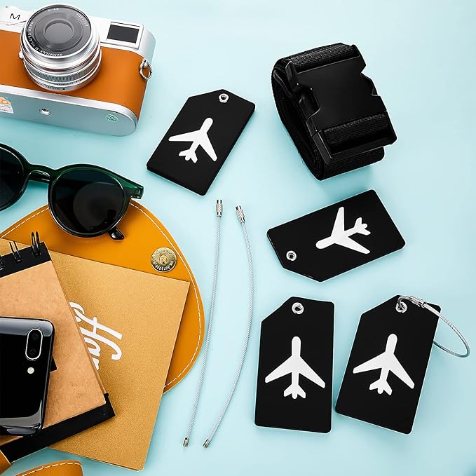 Weewooday 8 Pcs Luggage Straps Suitcase Tags Set for TSA Approved, 4 Travel Adjustable Suitcase Belt, 4 Silicone Luggage Tags with Name ID Card Travel Accessories(Black,Airplane)