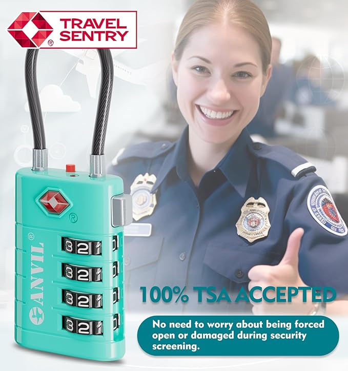 ANVIL 4 Digit Luggage Locks, TSA Locks for Luggage, Advanced TSA008 core, Alert Indicator for Your Travel Lock, Suitcase Lock. (4, Cyan)