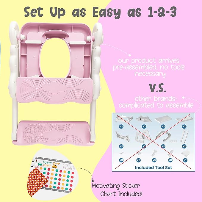 Musical & Sound Toddler Potty Training Seat w/Step Stool Ladder - Collapsible & Adjustable Toilet, Pre Assembled Toddler Toilet Seat w/Music & Sounds - Splash Guard & Anti-Slip Steps - Pink