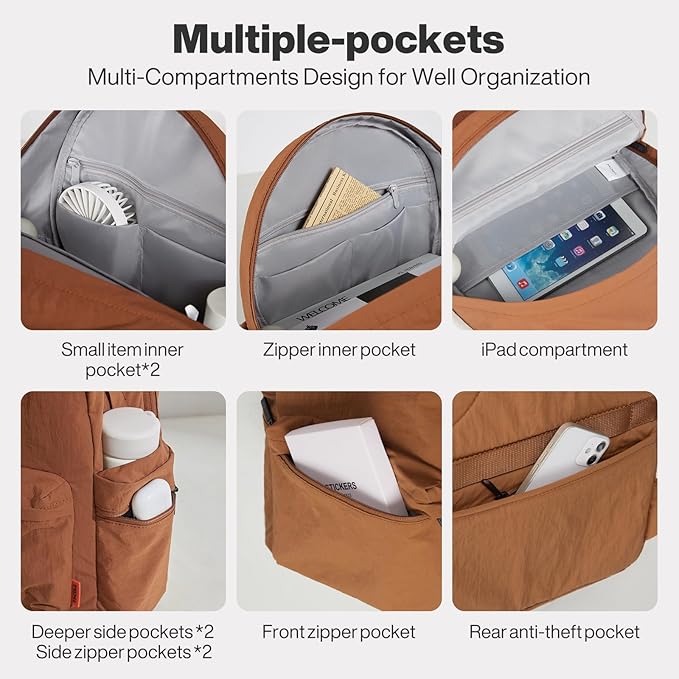mixi Outdoor Lightweight Backpack Casual Carry On Laptop Backpack Travel Bookbag for Women Men, Water Resistant Durable Small Hiking Bag for Camping Weekender Sports College Work, 15 Inch, Brown