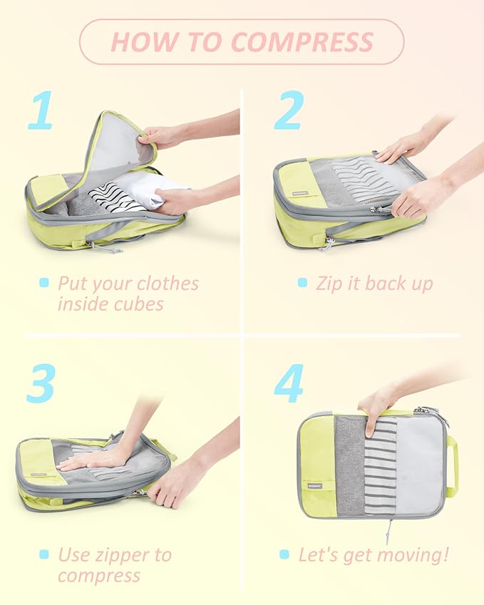 BAGSMART 6 Set Compression Packing Cubes - Lightweight Travel Essentials, Durable Luggage Organizer